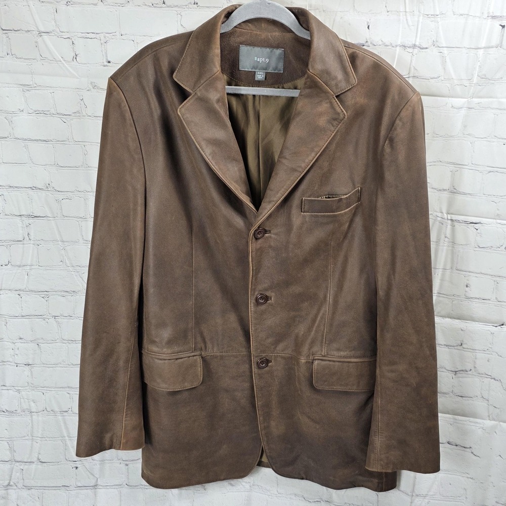 Leather Jacket Mens Apt.β 9 44L Vintage Y2K Long Brown Buttons Collared Preppy